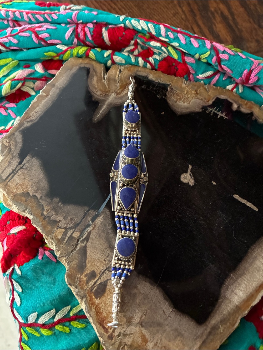 Handmade Blue Stone & Silver Beaded Women's Bracelet - Picture 2 of 4